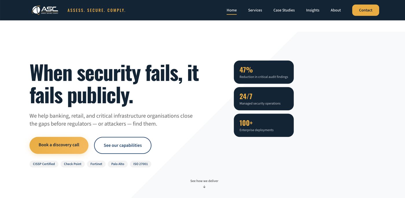 The ASC Ltd homepage: the headline “When security fails, it fails publicly.” beside three key figures.