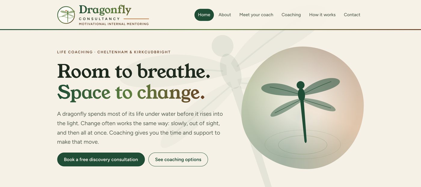 The Dragonfly Consultancy homepage: the headline “Room to breathe. Space to change.” beside a dragonfly illustration.